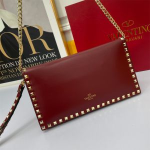 Valentino Garavani Large Rockstud Wristlet Clutch with Chain In Calfskin Burgundy