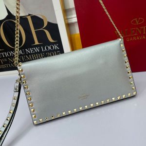 Valentino Garavani Large Rockstud Wristlet Clutch with Chain In Calfskin Silver