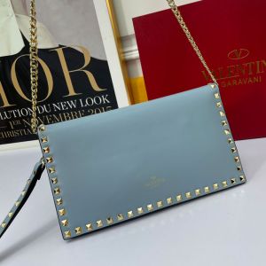 Valentino Garavani Large Rockstud Wristlet Clutch with Chain In Calfskin Blue