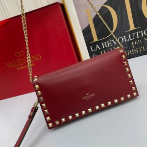 Valentino Garavani Small Rockstud Wristlet Clutch with Chain In Calfskin Burgundy