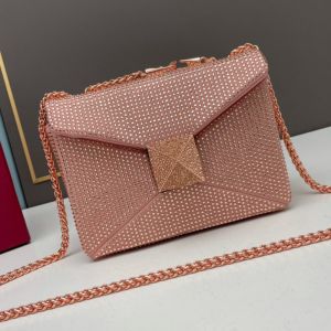 Valentino Small One Stud Crossbody Bag with Chain and Sparkling Crystals In Suede Pink