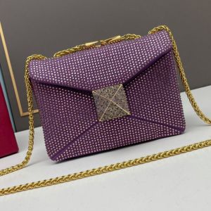 Valentino Small One Stud Crossbody Bag with Chain and Sparkling Crystals In Suede Purple