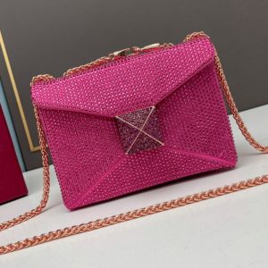 Valentino Small One Stud Crossbody Bag with Chain and Sparkling Crystals In Suede Rose