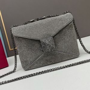 Valentino Small One Stud Crossbody Bag with Chain and Sparkling Studs In Suede Grey