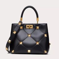 Valentino Garavani Meidum Roman Stud Handbag In Nappa Lambskin Black/Gold