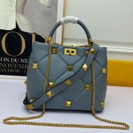 Valentino Garavani Meidum Roman Stud Handbag In Nappa Lambskin Blue