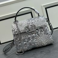 Valentino Mini Vsling Handbag with Floral 3D Embroidery and Pearl Crystals In Calfskin Silver