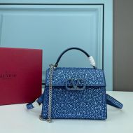 Valentino Garavani Mini Vsling Handbag with Sparkling Crystals In Calfskin Blue