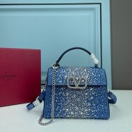 Valentino Garavani Mini Vsling Handbag with Sparkling Crystals In Calfskin Blue/White