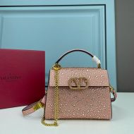 Valentino Garavani Mini Vsling Handbag with Sparkling Crystals In Calfskin Cherry/Gold