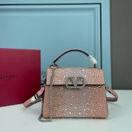 Valentino Garavani Mini Vsling Handbag with Sparkling Crystals In Calfskin Cherry/Silver