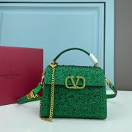 Valentino Garavani Mini Vsling Handbag with Sparkling Crystals In Calfskin Green/Gold