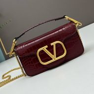 Valentino Small Loco Shoulder Bag In Crocodile Embossed Leather Burgundy