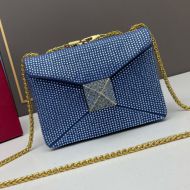 Valentino Small One Stud Crossbody Bag with Chain and Sparkling Crystals In Suede Navy Blue