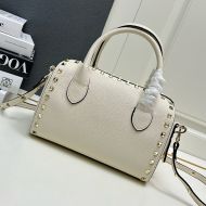 Valentino Small Rockstud Boston Bag In Grained Calfskin Beige