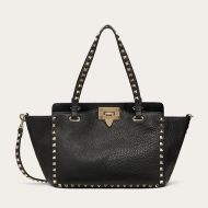 Valentino Garavani Small Rockstud Tote In Grainy Calfskin Black/Gold