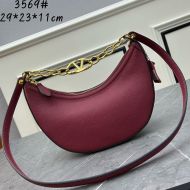 Valentino Small VLogo Moon Hobo Bag with Chain In Grainy Calfskin Burgundy