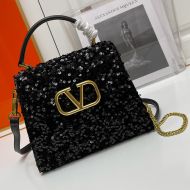 Valentino Small Vsling Handbag with 3D Embroidery In Calfskin Black