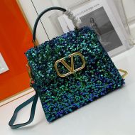 Valentino Small Vsling Handbag with 3D Embroidery In Calfskin Green/Blue