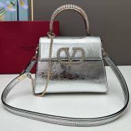 Valentino Small Vsling Handbag with Crocodile Leather and Jewel Embroidery In Calfskin Silver