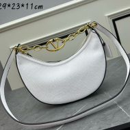 Valentino Small VLogo Moon Hobo Bag with Chain In Grainy Calfskin White